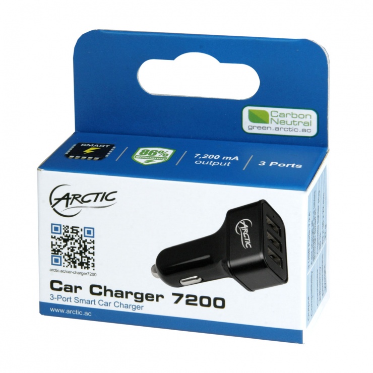 Imagine Incarcator auto 3 x USB 7200mA Fast Charger with Smart Charging Technology, ARCTIC